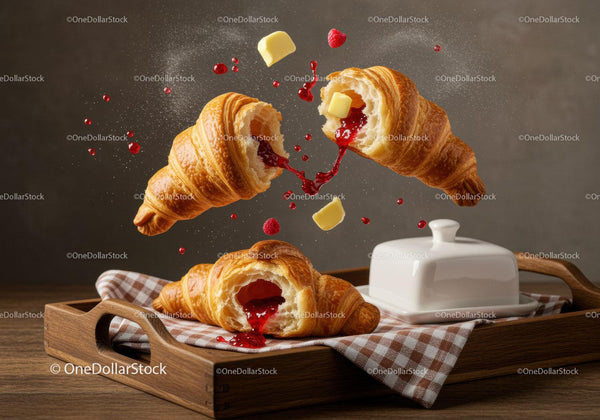 Świeże rogaliki z dżemem malinowym i kawałkami masła