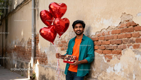 Man Holding Heart Balloons and Chocolates on Alleyway