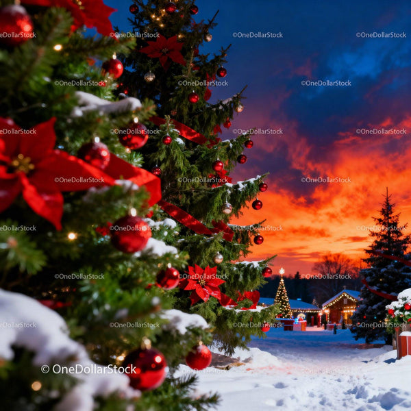 Festive Christmas Trees Decorated in Snowy Evening Landscape