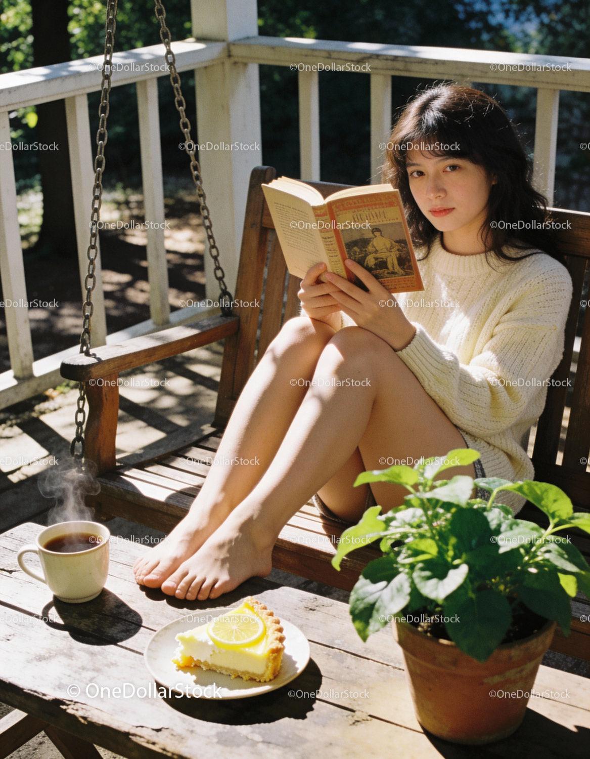 Young woman enjoying book and coffee on porch swing