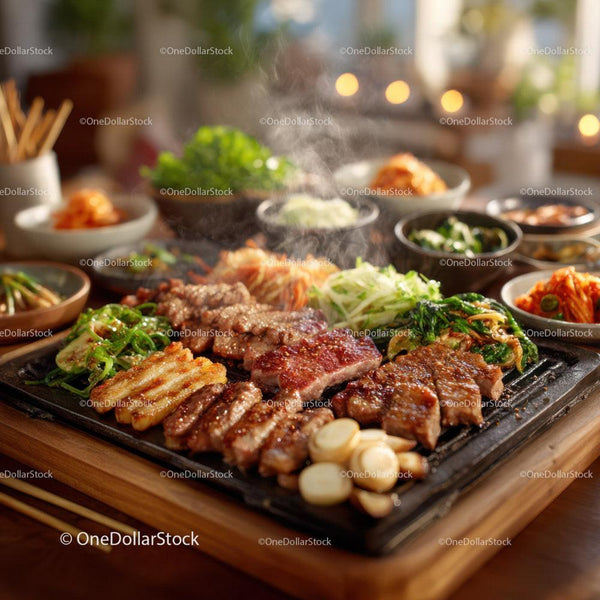 Korean BBQ Platter with Grilled Meats and Side Dishes