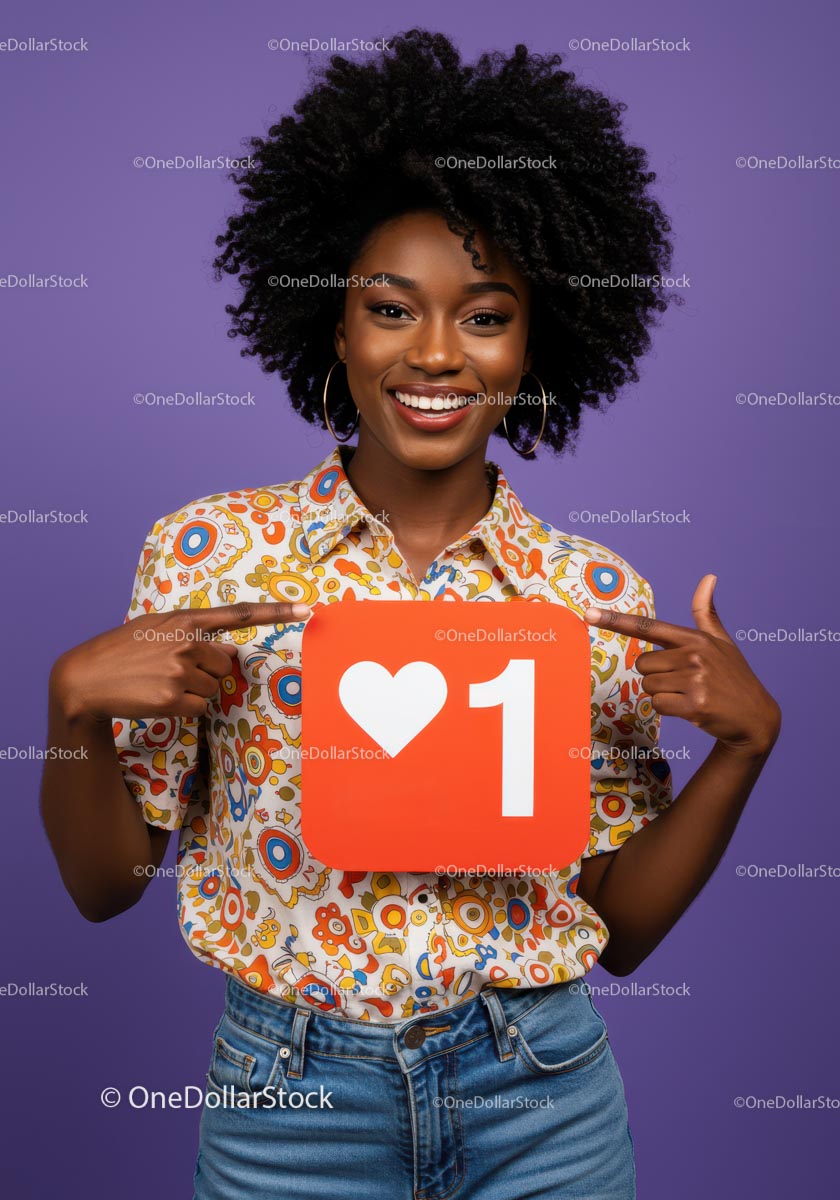 Happy Young Woman Holding Social Media Like Icon in Bright Outfit