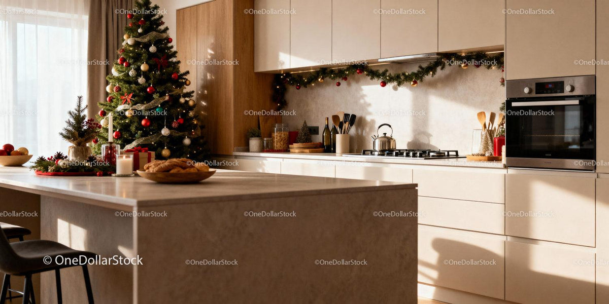 Modern kitchen with festive Christmas tree and decorations