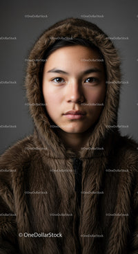 Stylish Young Woman in Fur Coat and Hooded Winter Jacket