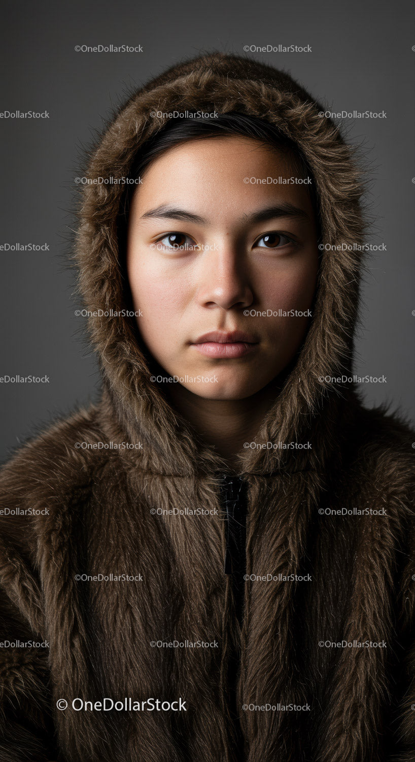 Stylish Young Woman in Fur Coat and Hooded Winter Jacket