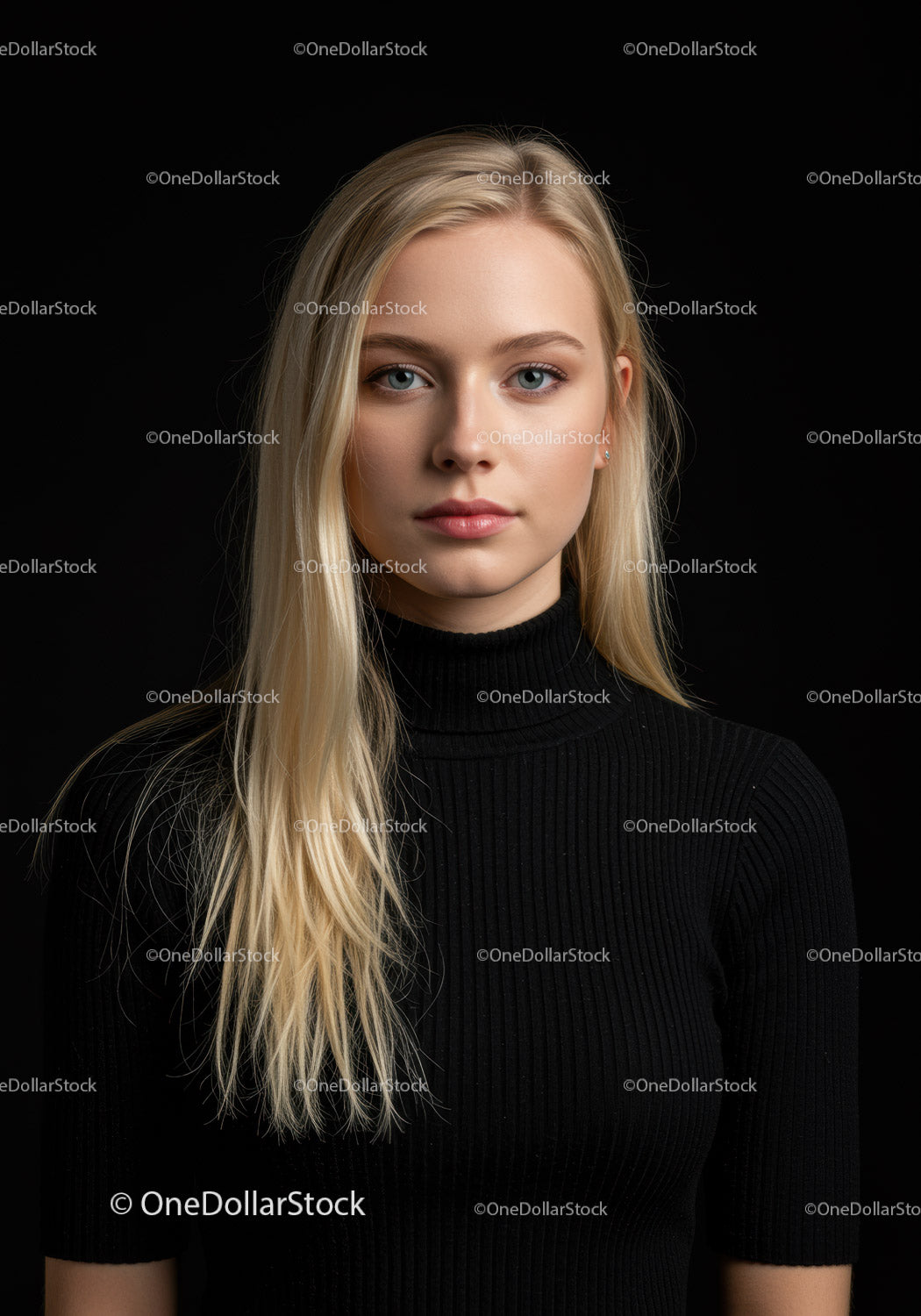 Blonde Woman in Black Turtleneck Against Dark Background