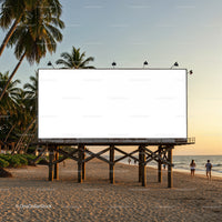 Empty billboard on tropical beach at sunset time