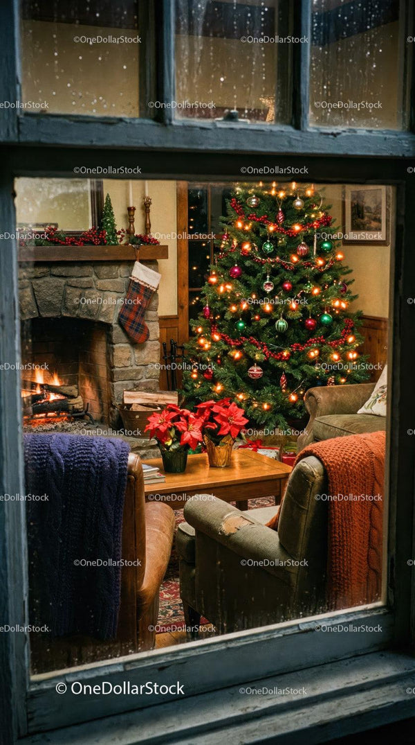 Cozy Living Room with Christmas Tree and Fireplace