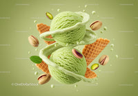 Two scoops of pistachio ice cream with wafers and nuts