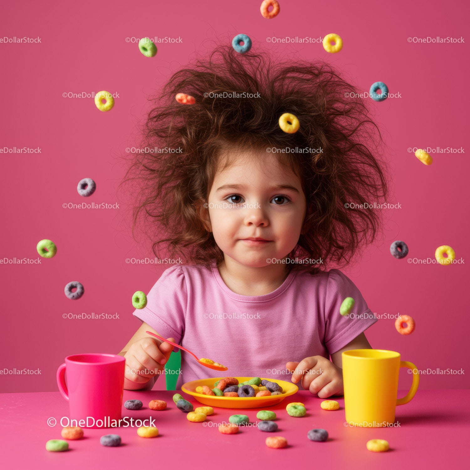 Little girl eating colorful cereal with wild hair