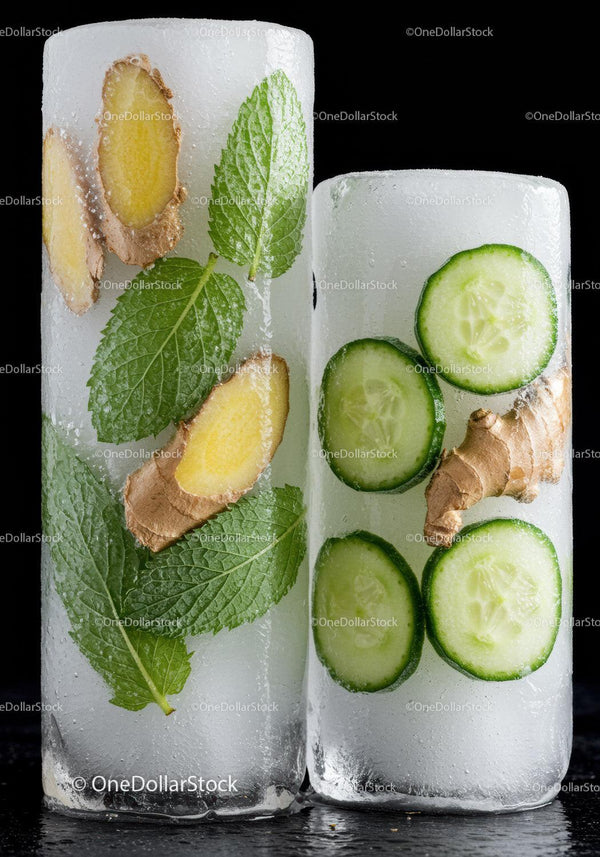 Refreshing Ice Blocks with Mint Ginger and Cucumber Slices