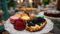Colorful Fruit Tart with Fresh Berries and Macarons Display