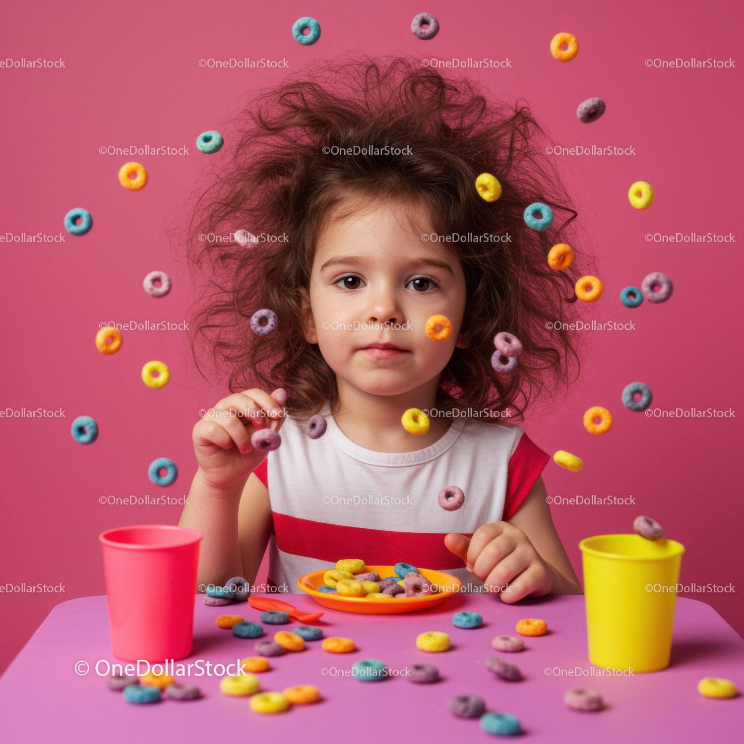 Little girl playing with colorful cereal on pink table