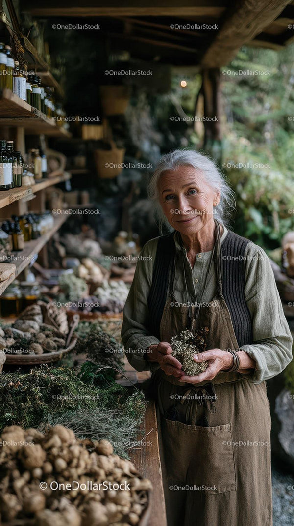Elderly Woman Collecting Herbs at Rustic Outdoor Market