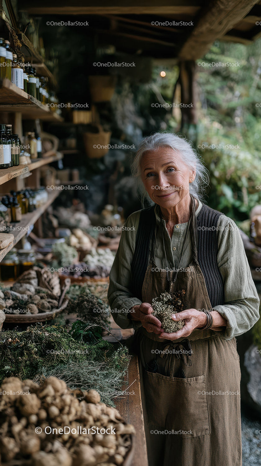 Elderly Woman Collecting Herbs at Rustic Outdoor Market