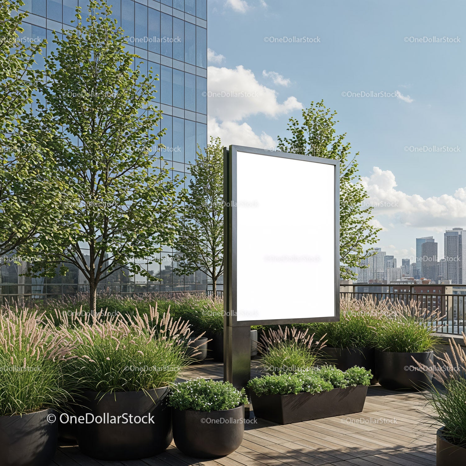 Blank outdoor billboard on modern urban rooftop terrace