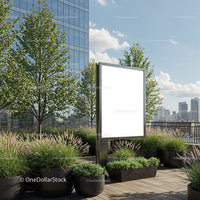Blank outdoor billboard on modern urban rooftop terrace
