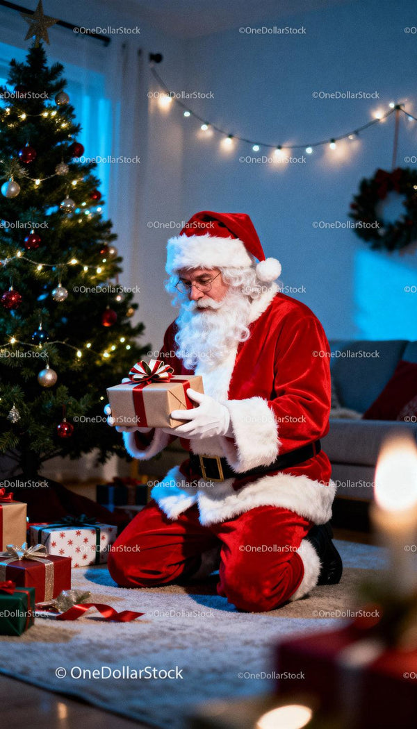Santa Claus kneeling by Christmas tree with wrapped gift