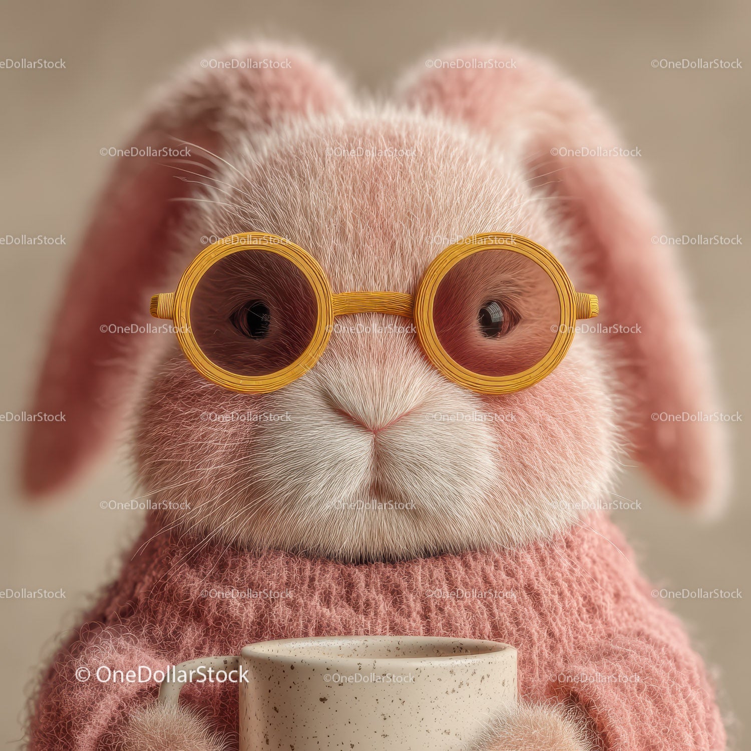 Cute Bunny Wearing Sunglasses and Cozy Pink Sweater Holding Coffee Mug
