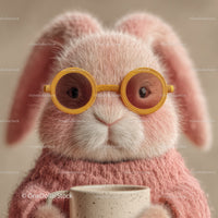 Cute Bunny Wearing Sunglasses and Cozy Pink Sweater Holding Coffee Mug