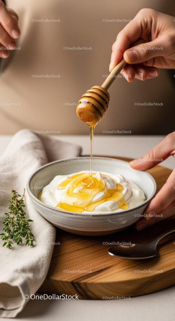 Creamy Yogurt with Honey Drizzle and Fresh Herbs on Rustic Wooden Table