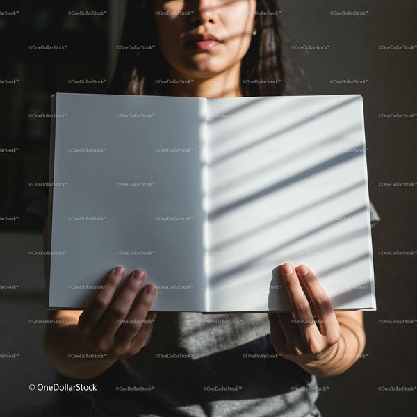 Woman holding open blank book with striped shadows JPG Mockup Image