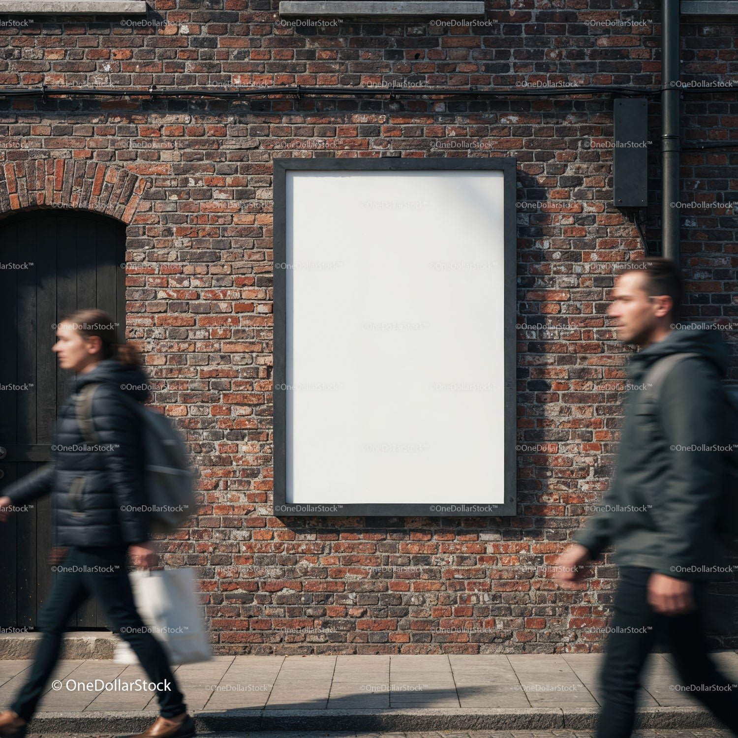 Blank Urban Billboard on Brick Wall with Pedestrians Passing
