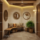 Cozy rustic entryway with wooden bench and greenery