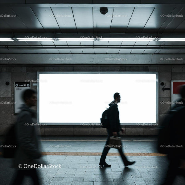 People walking past empty billboard in subway station JPG Mockup Image
