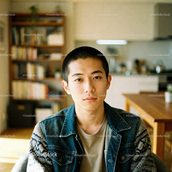 Calm young man in casual denim jacket indoors