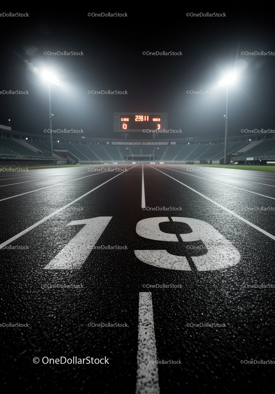 Pusta bieżnia nr 19 pod światłami stadionu nocą