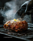 Juicy Steak Being Grilled on Hot Barbecue Grill with Smoke
