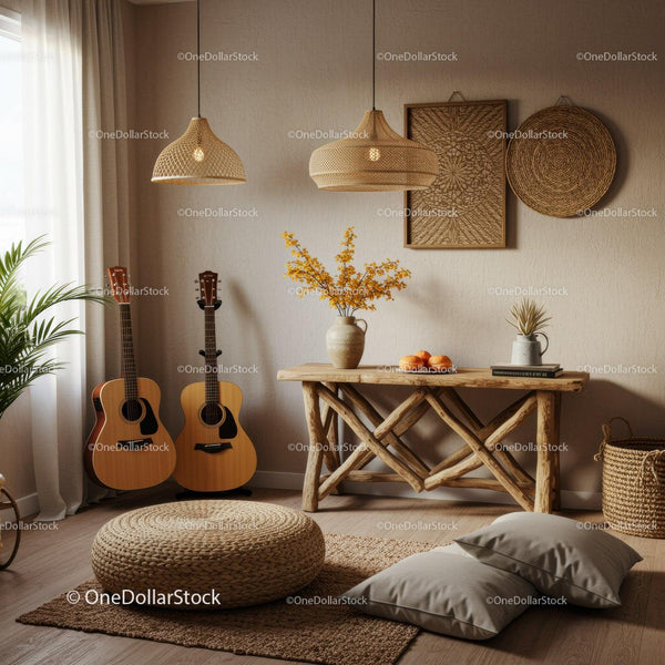 Cozy natural living room corner with guitars and rustic decor