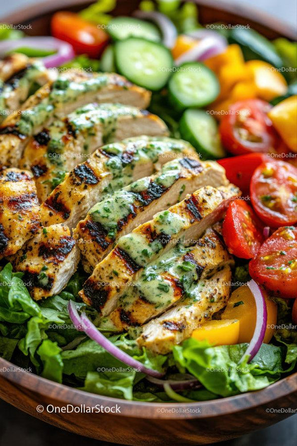 Grilled Chicken Salad with Cherry Tomatoes and Fresh Vegetables