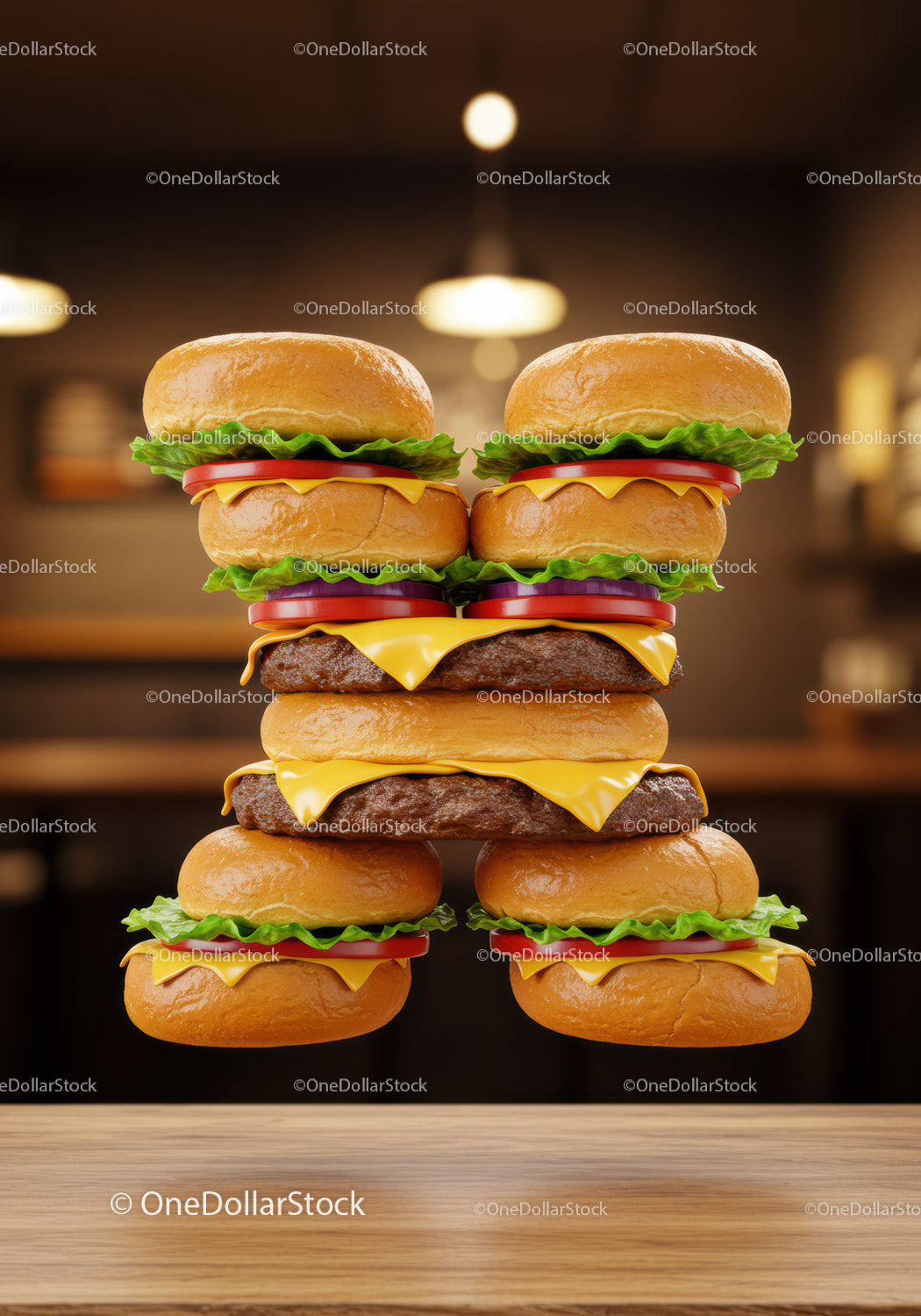Kreatywny podwójny stos cheeseburgerów przypominający Myszkę Miki