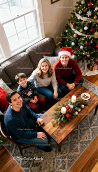 Happy family gathered around cozy Christmas living room
