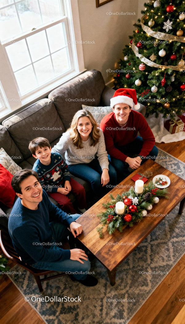 Happy family gathered around cozy Christmas living room