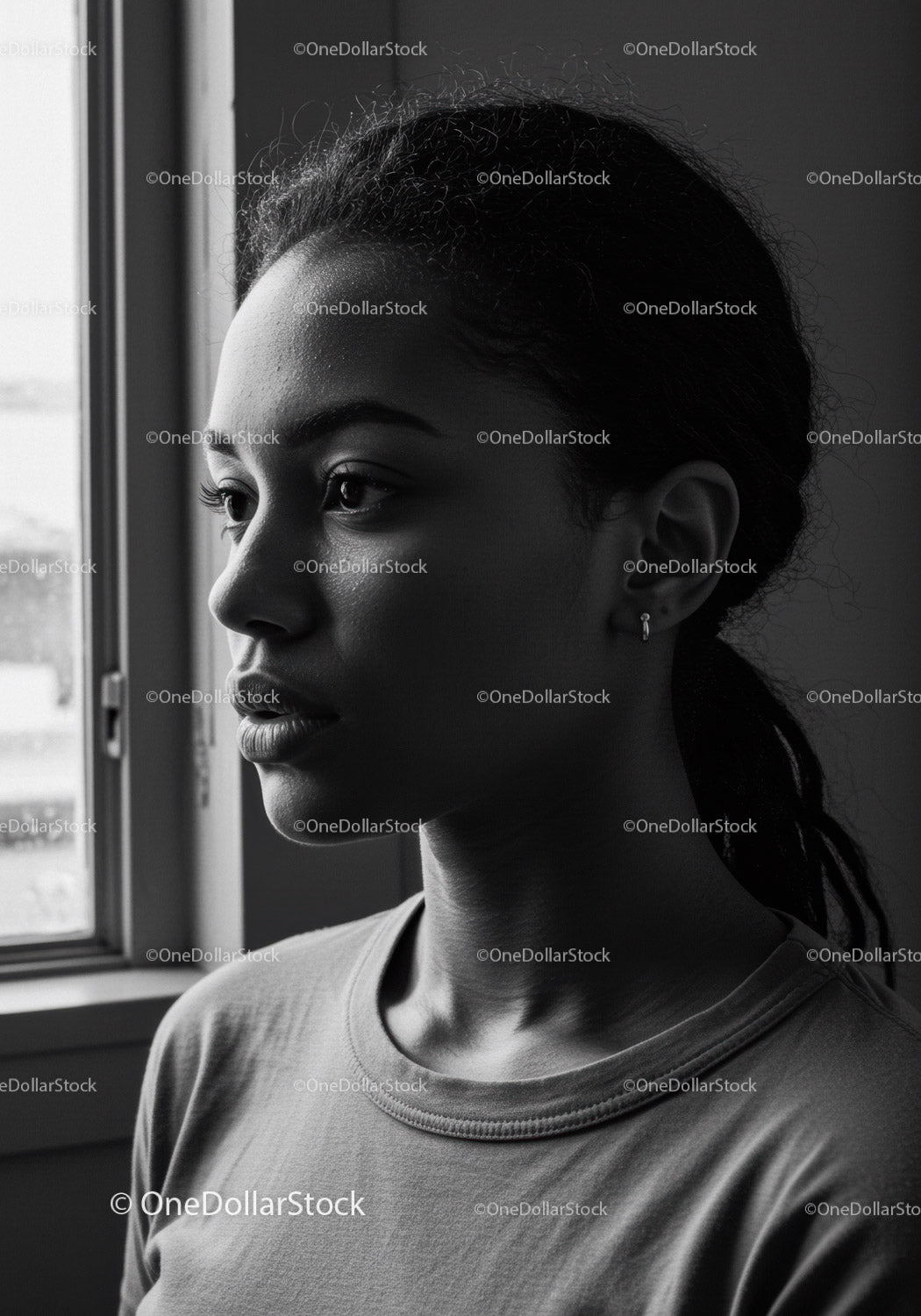 Black and White Portrait of a Thoughtful Woman by a Window