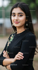 Portrait of Young Woman in Black Embroidered Dress with Crossed Arms