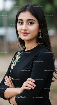 Portrait of Young Woman in Black Embroidered Dress with Crossed Arms
