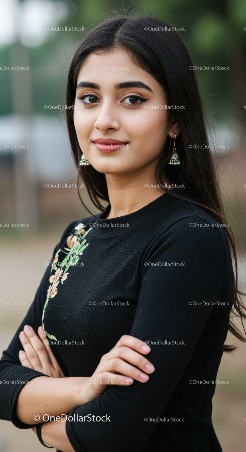 Portrait of Young Woman in Black Embroidered Dress with Crossed Arms