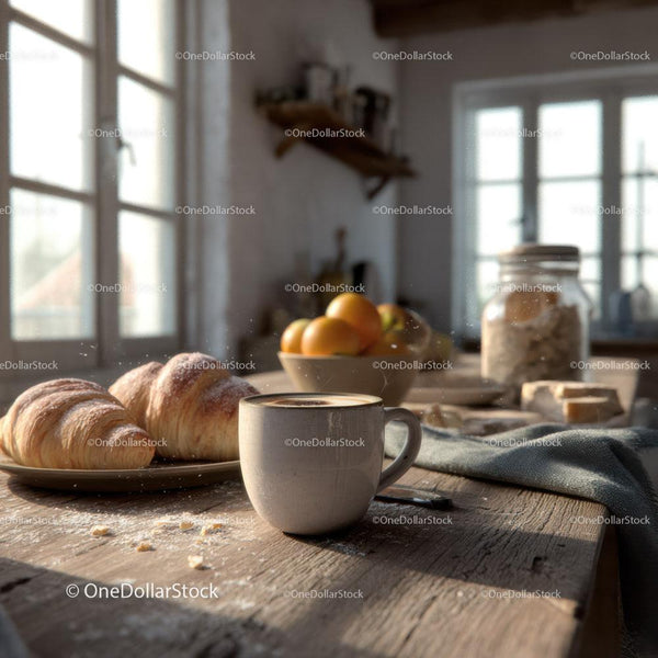 Fresh Coffee and Croissants in a Cozy Kitchen Setting