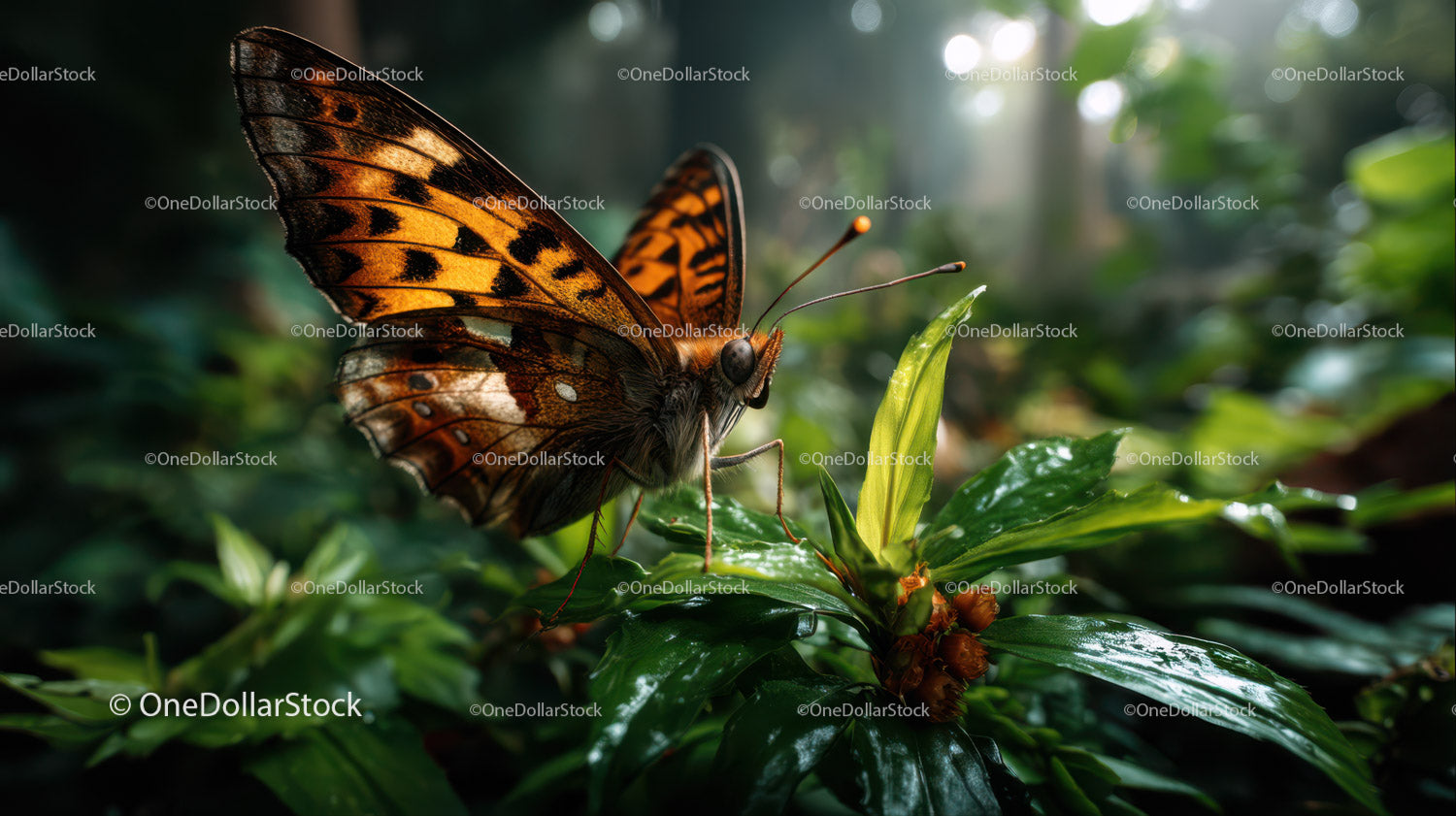 Kolorowy pomarańczowy i czarny motyl na zielonym liściu w naturalnym środowisku