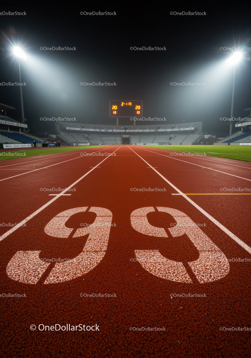 Empty Running Track at Night Under Bright Stadium Lights