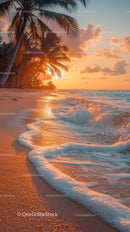 Tropical Beach Sunset with Palm Trees and Ocean Waves