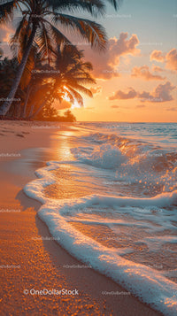 Tropical Beach Sunset with Palm Trees and Ocean Waves