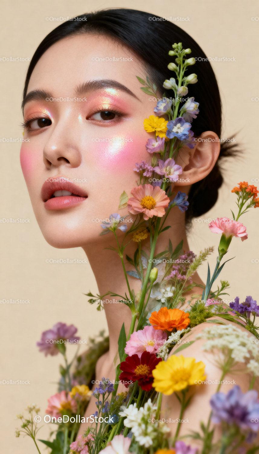 Elegant woman with glowing makeup surrounded by wildflowers