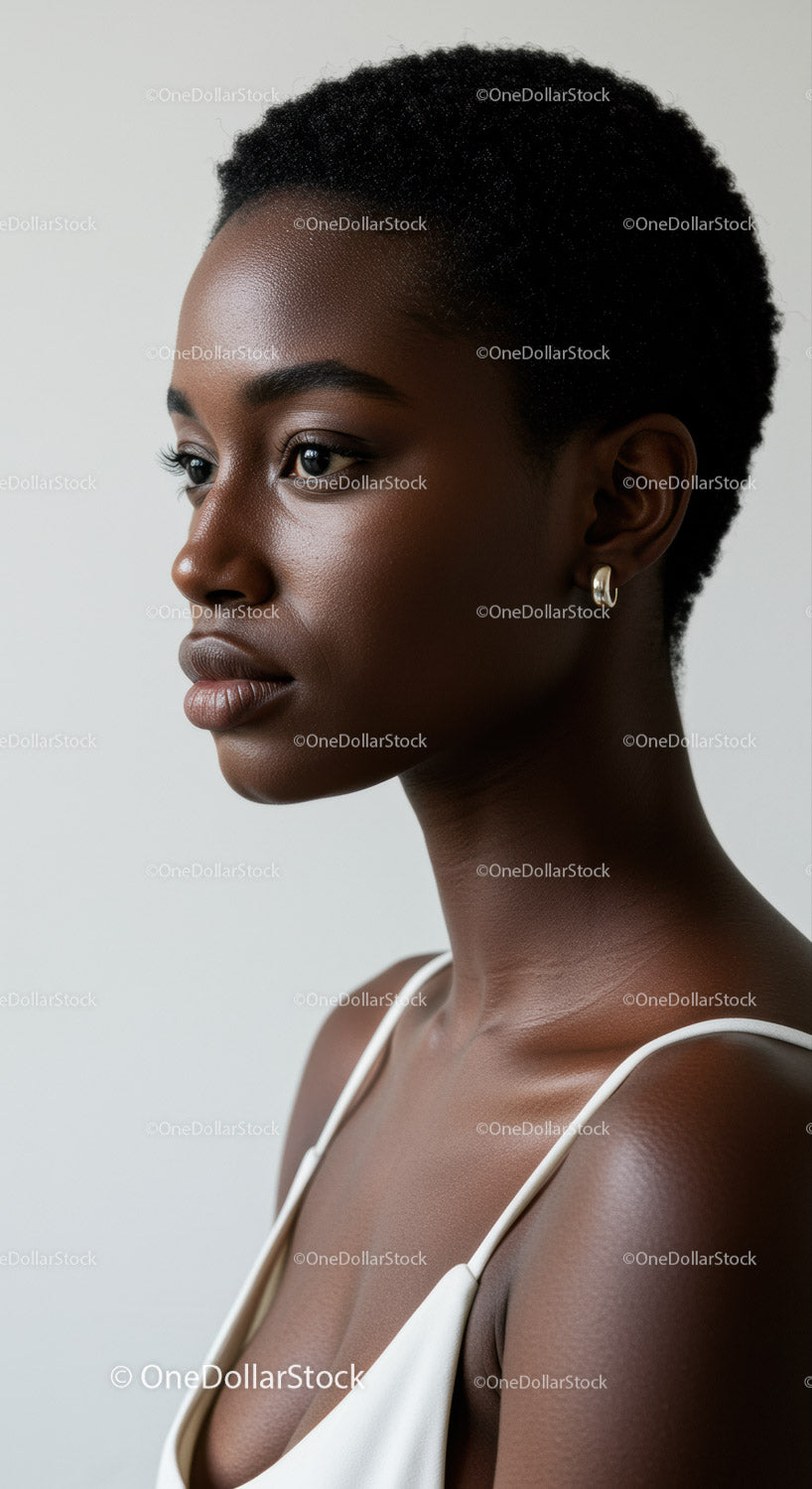 Elegant Black Woman Portrait with Short Curly Hair and Smooth Skin