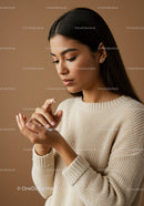 Serene Woman in Beige Sweater with Pearl Earrings and Stylish Jewelry