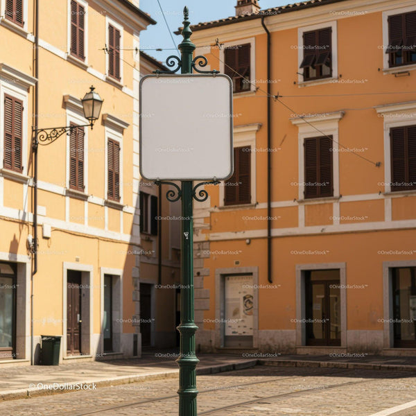 Empty Street Sign in Quiet European Town Square JPG Mockup Image